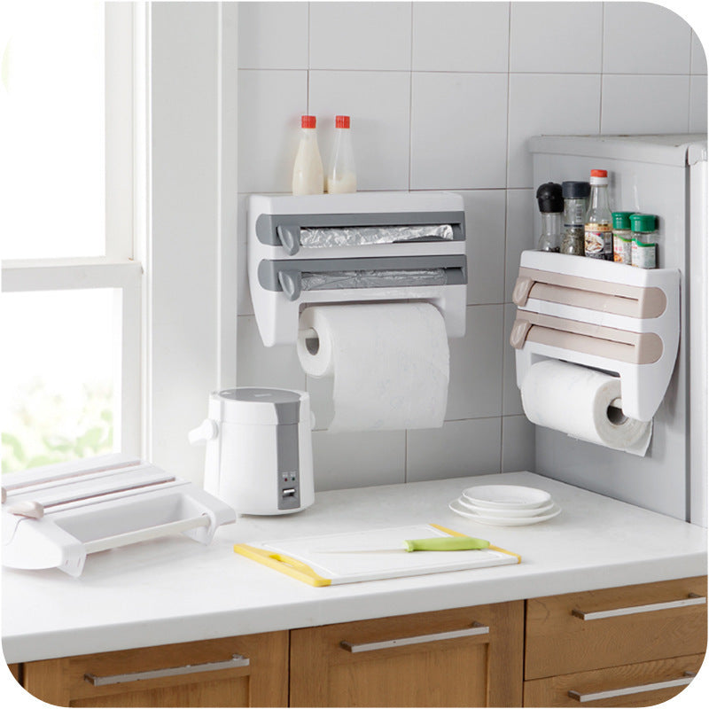 Multifunctional Cling Film Cutter Wall-Mounted Kitchen Paper Towel Holder Sliding Knife Type Tin Foil Dividing Box Storage Rack