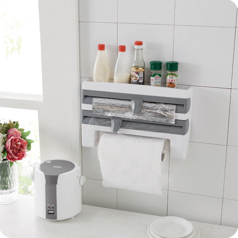 Multifunctional Cling Film Cutter Wall-Mounted Kitchen Paper Towel Holder Sliding Knife Type Tin Foil Dividing Box Storage Rack