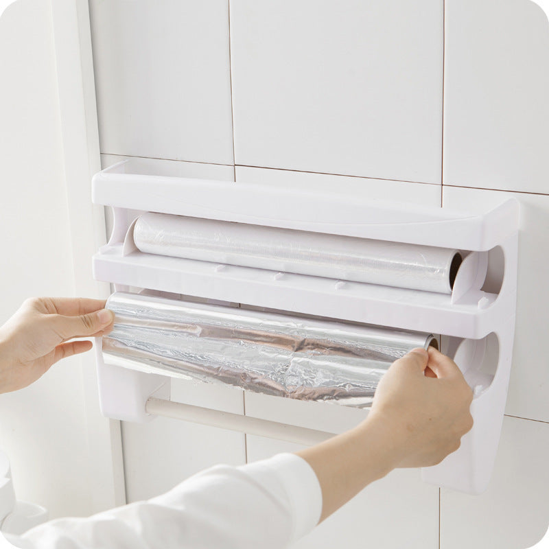 Multifunctional Cling Film Cutter Wall-Mounted Kitchen Paper Towel Holder Sliding Knife Type Tin Foil Dividing Box Storage Rack