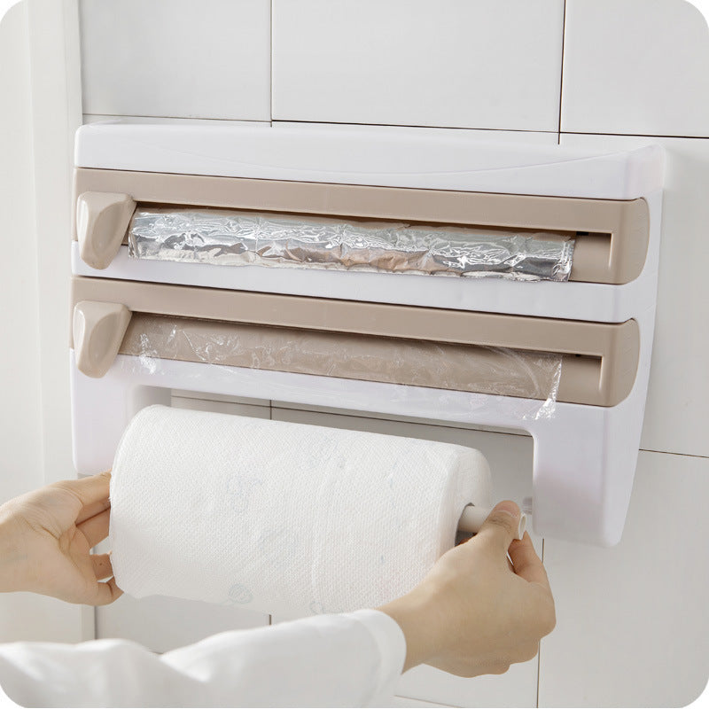 Multifunctional Cling Film Cutter Wall-Mounted Kitchen Paper Towel Holder Sliding Knife Type Tin Foil Dividing Box Storage Rack