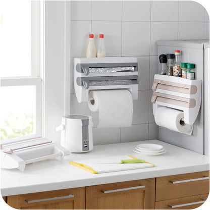 Multifunctional Cling Film Cutter Wall-Mounted Kitchen Paper Towel Holder Sliding Knife Type Tin Foil Dividing Box Storage Rack