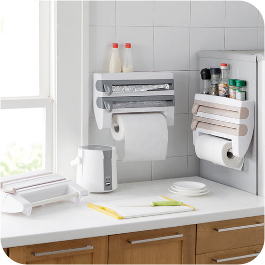 Multifunctional Cling Film Cutter Wall-Mounted Kitchen Paper Towel Holder Sliding Knife Type Tin Foil Dividing Box Storage Rack