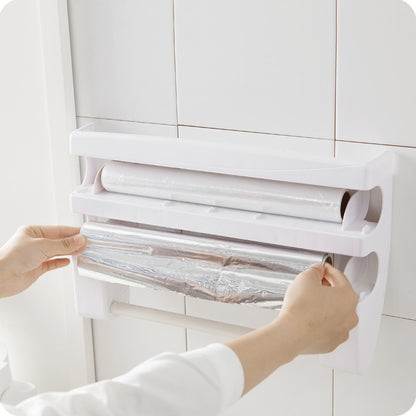 Multifunctional Cling Film Cutter Wall-Mounted Kitchen Paper Towel Holder Sliding Knife Type Tin Foil Dividing Box Storage Rack