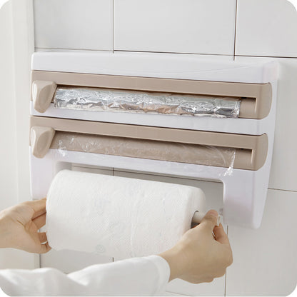 Multifunctional Cling Film Cutter Wall-Mounted Kitchen Paper Towel Holder Sliding Knife Type Tin Foil Dividing Box Storage Rack